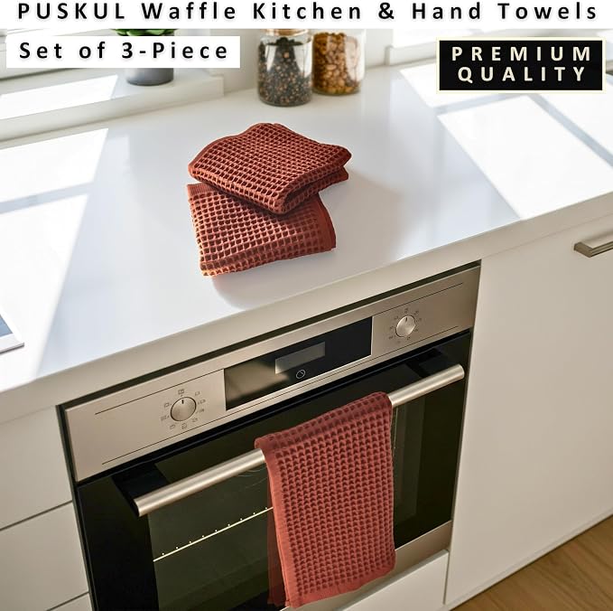 PÜSKÜL Natural 100% Turkish Cotton Waffle Kitchen Towels Set of 3 | Oeko-Tex, Premium Waffle Hand Towels for Bathroom | Soft Absorbent Quick-Dry Lint-Free Dish Towel Large 32x16 inch (3, Brick)