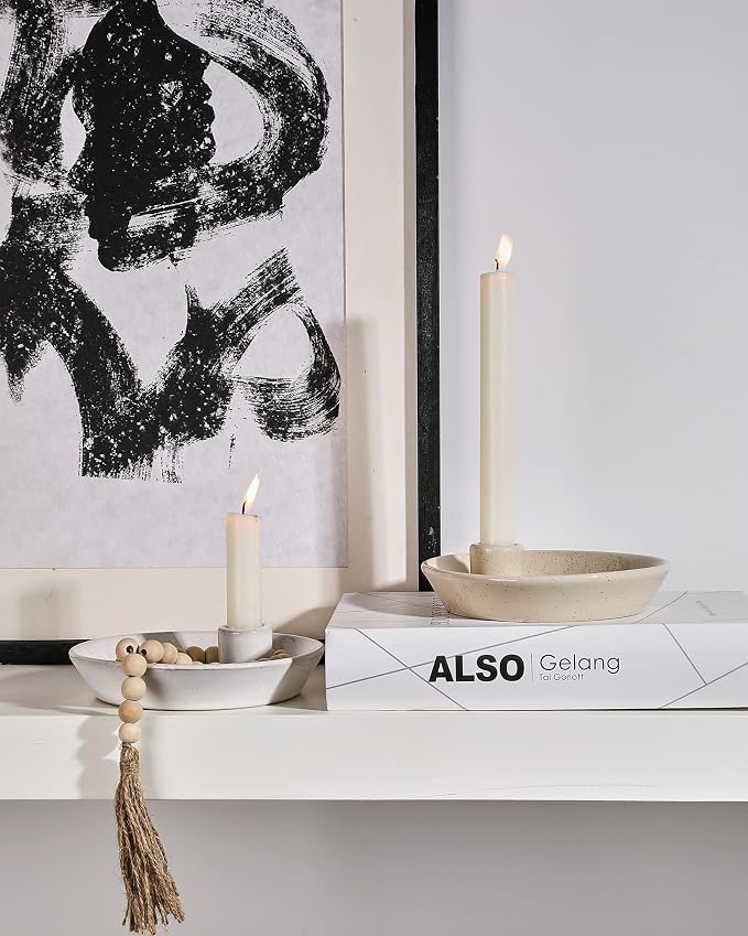 DN DECONATION White Ceramic Candle Holders, Modern Candlestick Holder with Tray, Boho Candle Holder, Unique Round Stoneware Candle Holder for Taper Candles, Halloween Christmas Fall Decor