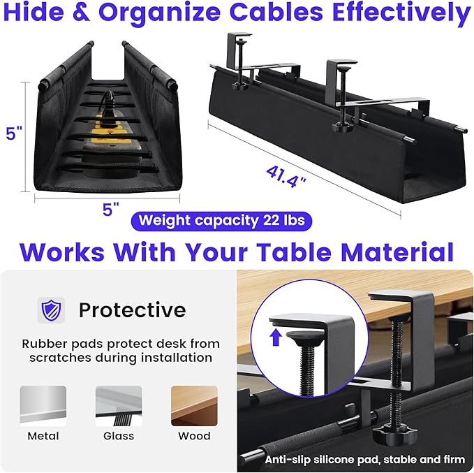 Under Desk Cable Management Tray, Clamp-On Cord Organizer，No Drilling Required, Holds Up to 22 lbs, for Cords, Routers, Power Strips (Black, 28.4inch)