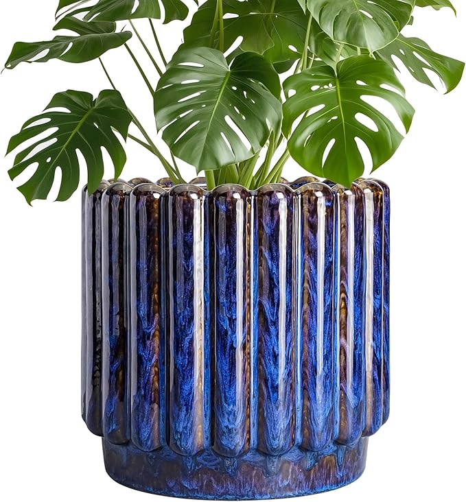 Ceramicfor Ceramic Planter, 9.6 Inch, Blue | Round Flower Pot, Drainage Hole, Large Fluted Modern Design, Indoor Outdoor Use