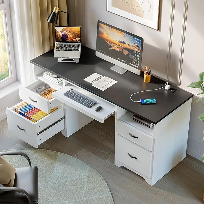 Bestier 59” Computer Desk with 4 Drawers, Office Desk with Storage, Modern Executive Desk with Charging Station, Keyboard Tray & Wooden Pedestals on Both Sides for Home Office & Studio, White