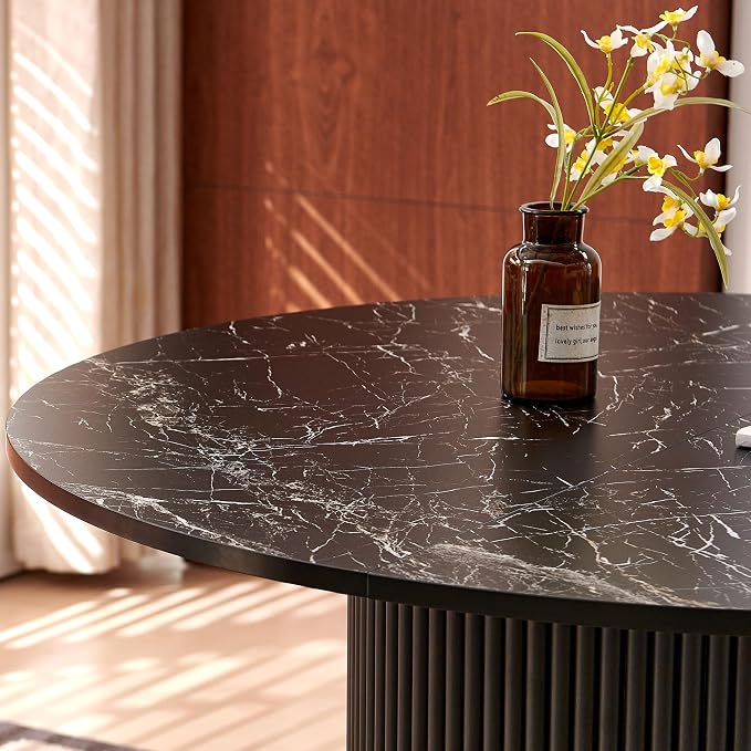 Homedot 47.24" Industrial Kitchen Dining Table Round for 4-6, Rustic Dining Table Circular with Two-Part Tabletop&MDF Pedestal Striped Base,Metal Frame Dinner Meeting Table, Black Marble Grain Look