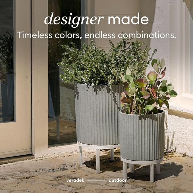 Veradek Demi Series Round Planter w/Stand for Porch/Patio | Durable Plastic-Stone Composite & Wooden Stand | Modern Décor for Tall Plants, Flowers