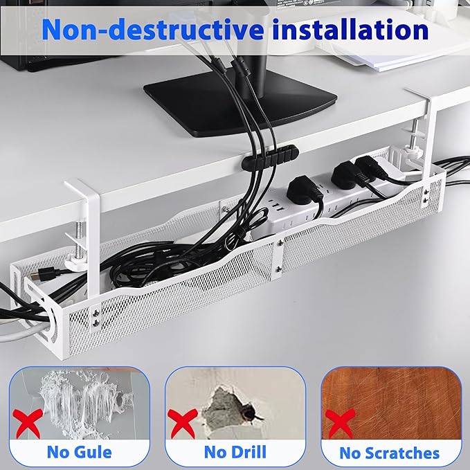 Under Desk Cable Management Box 25.3 Inch – Clamp-Mounted Cable Organizer Tray, Large Cord Management Box for Office & Home, Wire Organizer Under Desk Storage, White