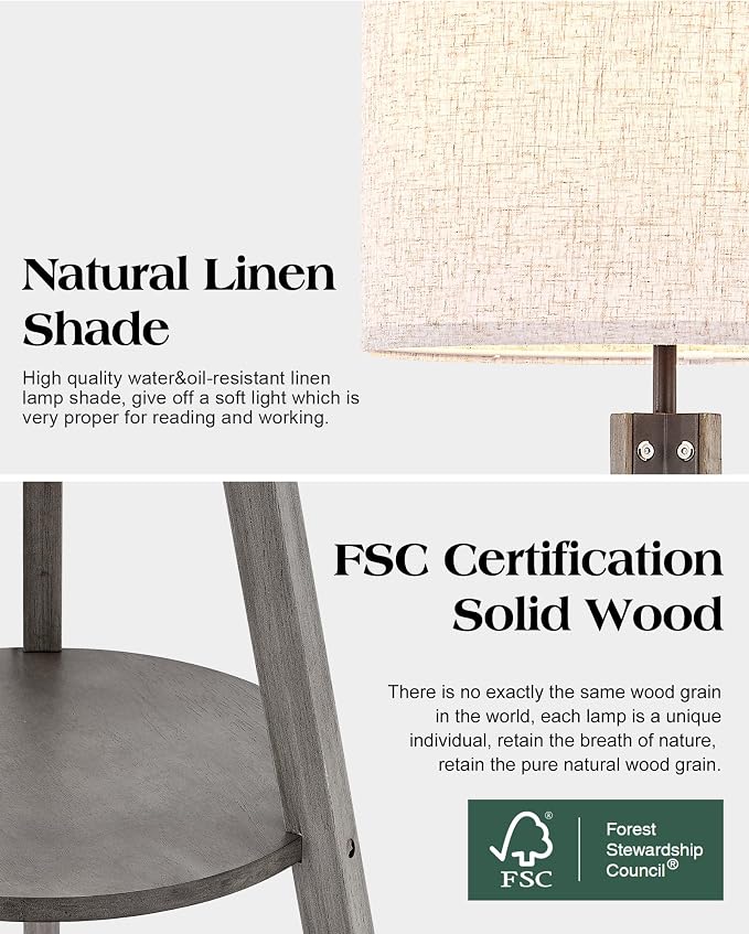 ELYONA Farmhouse Wood Tripod Floor Lamp with Table, Modern Reading Standing Lamp with 3 Color Temperatures LED Blub & Linen Shade, Shlef Coner Light for Living Room, Bedroom, Study Room, Office, Grey