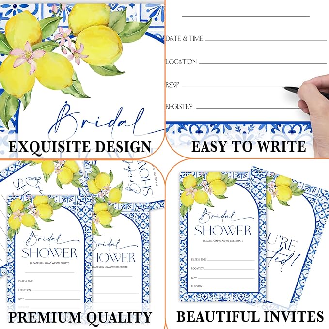 Mediterranean Lemon Bridal Shower Invitations, Set of 25 Lemon Italian Blue Tiles Bridal Shower Invites with Envelopes for Engagement Wedding Party-A11