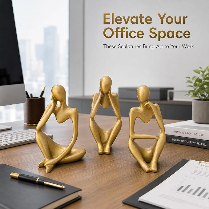Gold Thinker Statue Set of 3 - Abstract Resin Figurines for Home Decor, Modern Art Sculpture for Office Desk, Bookshelf, Living Room, Minimalist Tabletop Decoration (5 inches)