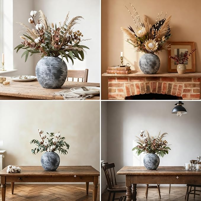 Farmhouse Rustic Ceramic Vase, 6.5 inch Gray-White Handcrafted Weathered Stone Pottery Terracotta Vintage Vases for Home Decor Living Room Table Shelf Decorative (Round - B)