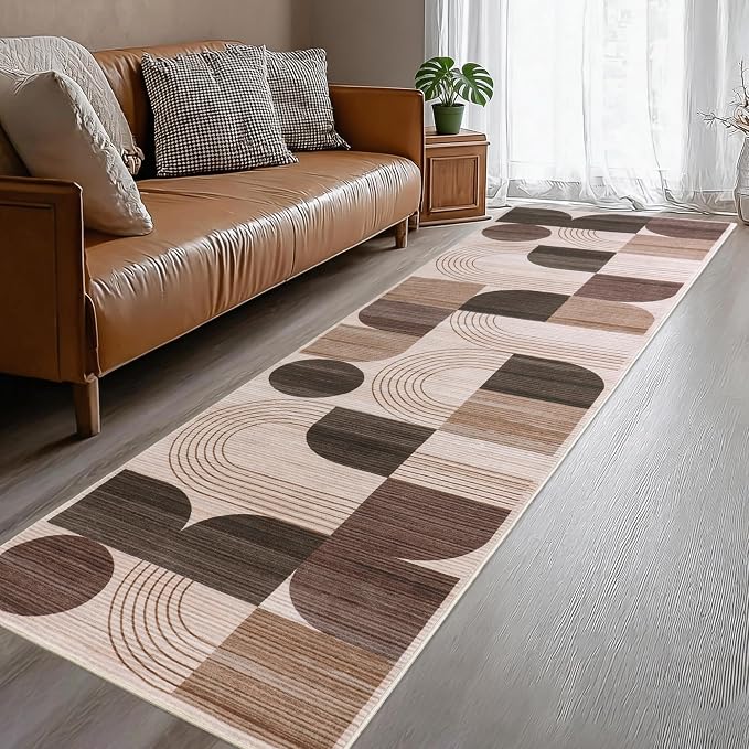 Machine Washable 2x6 Runner Rug, Soft Modern Geometric Abstract Brown Rugs for Bedroom Living Room, Non-Shedding Faux Wool Indoor Throw Floor Carpet for Office Entryway Dining Room Decor