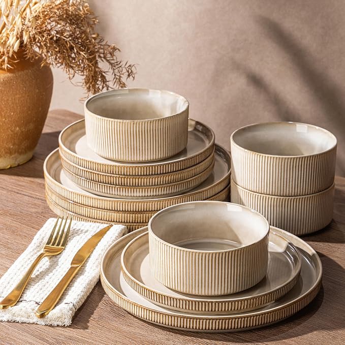 GBHOME 12-Piece Stoneware Dinnerware Set for 4 – Ribbed Ceramic Plates and Bowls, Scratch-Resistant, Microwave & Dishwasher Safe, Reactive Glaze, Cappuccino