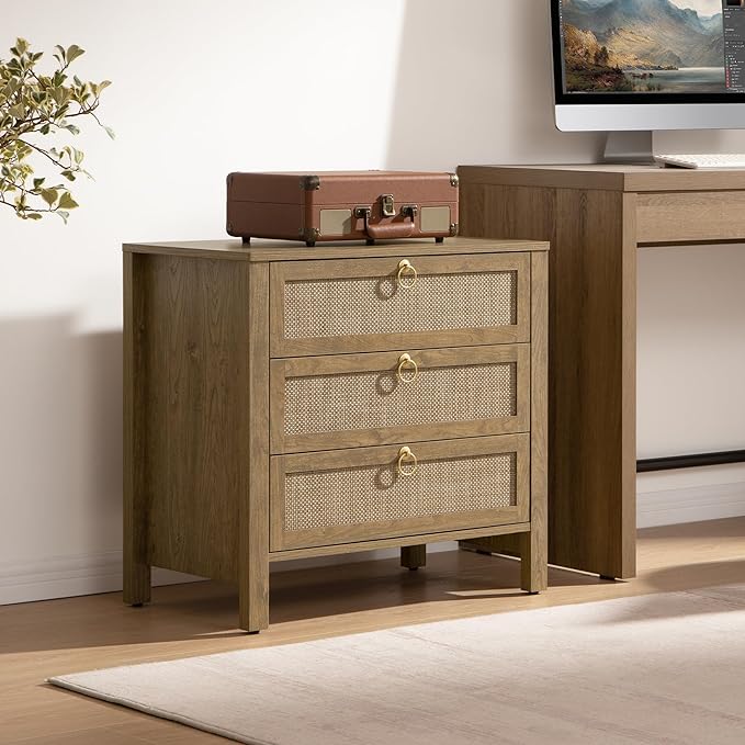 SICOTAS Nightstand Set 2 with Drawers - Large Rattan Bedside Table with Golden Handle, 3 Drawers Night Stand Tall End Table 26.78" Wide Side Table Boho Nightstand for Bedroom
