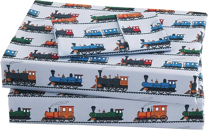 Viviland 3 Pieces Boys Grey Twin Sheet Set - Soft Microfiber Fitted Flat Sheets & Pillowcase - Retro Train Print Bedding Sets - for Kids & Toddlers