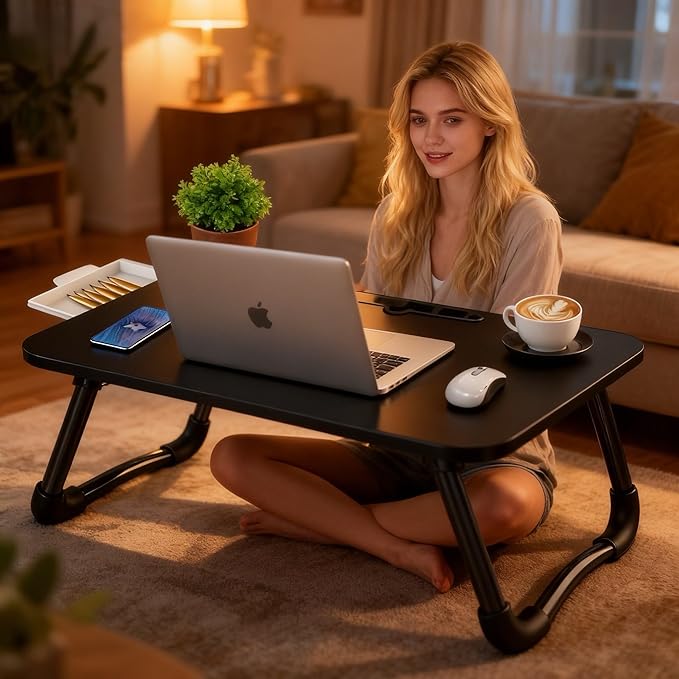 Fayquaze Laptop Bed Table, Portable Foldable Laptop Bed Desk with Storage Drawer and Cup Holder, Lap Desk Lap Stand Tray Table Floor Table Serving Tray for Eating, Reading and Working