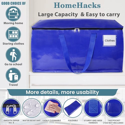 HomeHacks Heavy-Duty Moving Bags - Collapsible Storage Totes with Strong Zippers & Handles | 125L, 8-Pack, Blue