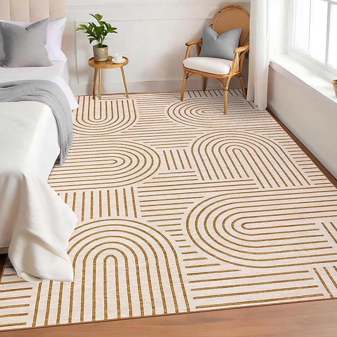 Washable 5x7 Modern Rainbow Small Area Rugs for Bedroom Low Pile Geometric Abstract Line Rug Soft Nursery Kids Room Carpet Thin Foldable Neutral Area Rug for Apart Dorm Kitchen, Orange