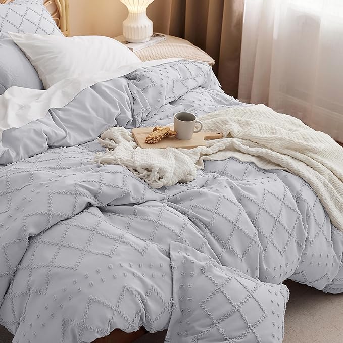 Bedsure Boho Duvet Cover King Size - Light Grey Breathable & Soft Boho Bedding, Machine Washable Comforter Cover for All Seasons, Includes 1 Duvet Cover 104"x90" with 2 Pillow Shams & Zipper Closure
