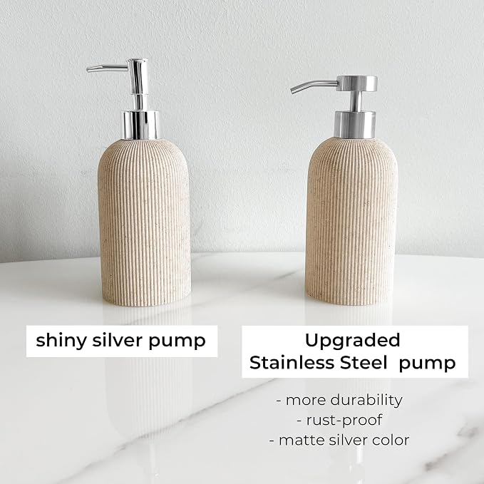 Lunestella Sand Beige Hand Soap Dispenser with Stainless Steel Pump, for Bathroom and Kitchen, Luxury Farmhouse, Boho & Zen Style, Sandstone Finish, Rust Proof, 7oz
