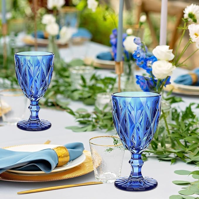 Yinder Glass Goblet Vintage Wine Goblet Embossed Glassware 10 oz Solid Color Glass Stemmed Cups for Iced Tea Beverage Soda Juice Water Liquor and Party Wedding Bars Restaurants (Blue,12 Pack)