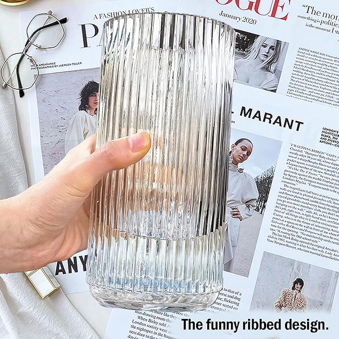 Muyan 9.8" Flower Vase for Decor Ribbed Glass Vase Modern for Centerpieces Desktop Home Office Dining Living Room Wedding (Clear)
