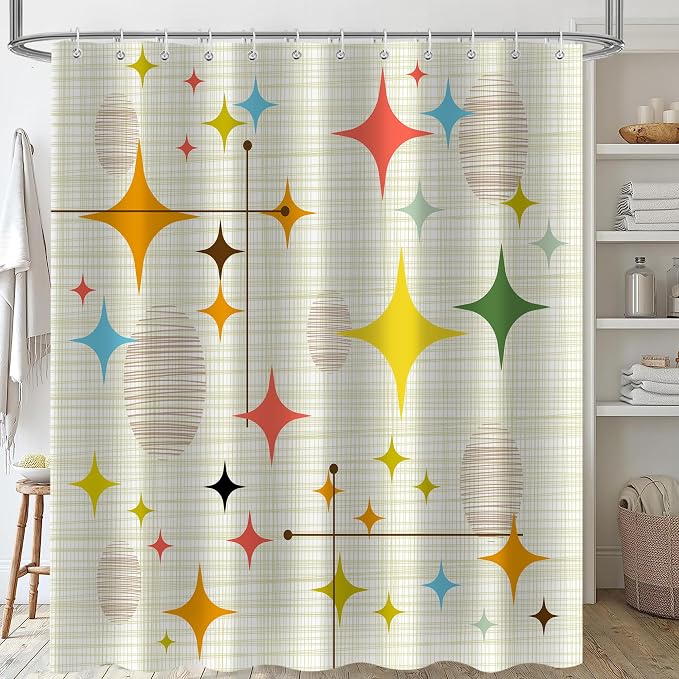 Mid Century Shower Curtain for Bathroom, Retro Stars Abstract Decorative Art Style Restroom Restroom Bath Curtain, Polyester Fabric Waterproof Bath Curtains 72x72 Inch with 12 Hooks