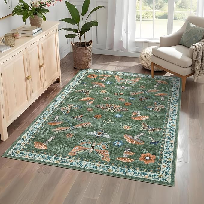 5x7 Washable Mushroom Floral Small Rug Non Slip Living Room Vintage Area Rug Low Pile Soft Bedroom Rugs Non Shedding Kitchen Rugs Boho Retro Indoor Carpet for Kids Nursery Room, Green