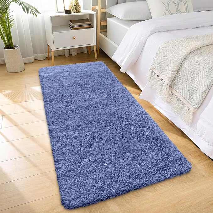 OLANLY 2x6 Machine Washable Runner Rugs for Hallway, Soft Fluffy Shaggy Bedside Rugs for Bedroom, Living Room, Indoor Floor Carpet for Kids Girls and Boys, Home Decor Aesthetic, Denim Blue