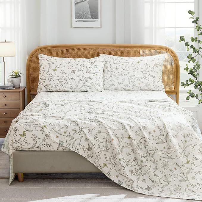 100% Cotton Sheet Set Queen Size – 4-Piece Chic White Floral Bedding Set, Soft Breathable Percale Weave, Deep Pocket Fitted Sheet 17.5", Crisp Cool Feel, Refined Botanical Elegance