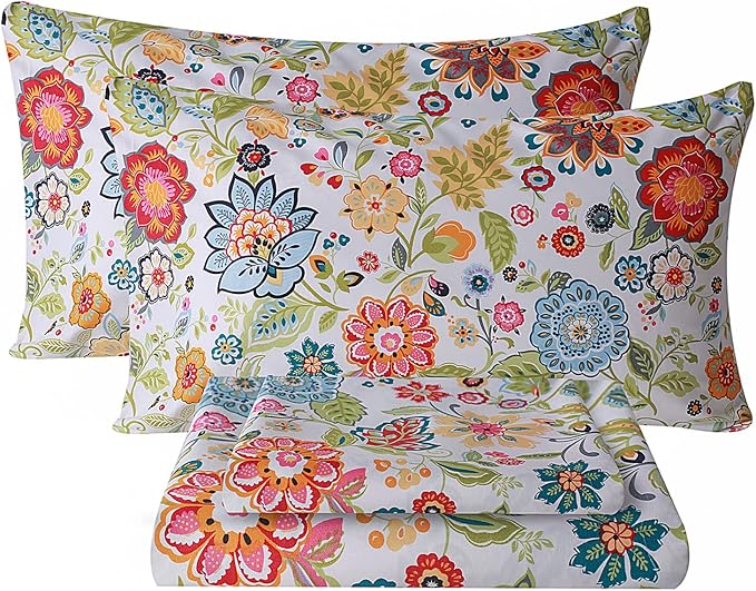 Bedlifes California King Sheet Set Ultra Soft, Breathable, Silky Flower Deep Pocket 100% Microfiber Bedding, 4 Piece Cal King Size with Floral Spring Design