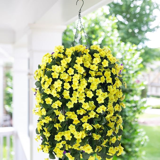 Artificial Faux Hanging Flowers Plants Baskets for Outdoor Outside, Fake Silk Yellow Orchid Trailing Vines in Planter Realistic UV Resistant for Balcony Porch Decor