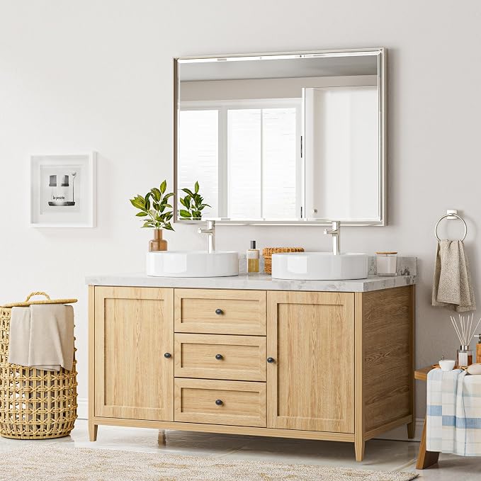 40 x 30 Brushed Nickel Bathroom Mirror, Beveled Framed Rectangle With Anti-Rust Frame, Shatterproof, Vertical/Horizontal Wall-Mounted
