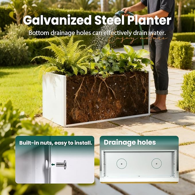 Metal Rectangular Planter White Steel Rectangle Planter Box 36" L x 12" W x 16" H Outdoor Indoor Galvanized Steel Large Planters Modern Commercial Residential for Plants Porch Patio