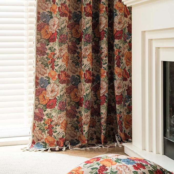 ENJOYBRIDAL Floral Curtains 84 Inches Long Semi Sheer Floor Length Drapes Bedroom Rod Pocket Jacquard 2 Panels Window Curtains Farmhouse Boho Tassel Patterned Living Room Botanical Window Treatments