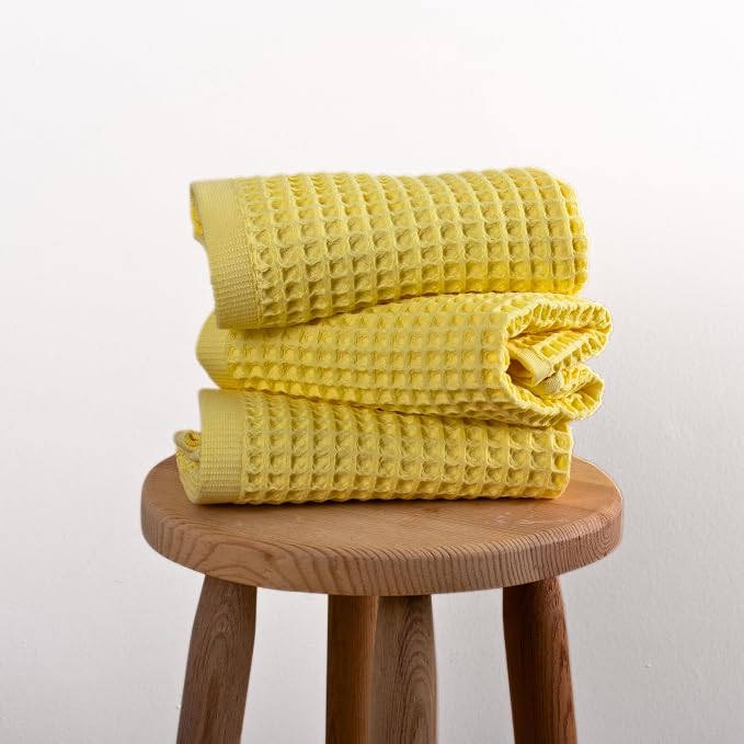 PÜSKÜL Natural 100% Turkish Cotton Waffle Kitchen Towels Set of 3 | Oeko-Tex, Premium Waffle Hand Towels for Bathroom | Soft Absorbent Quick-Dry Lint-Free Dish Towel Large 32x16 inch (3, Light Yellow)
