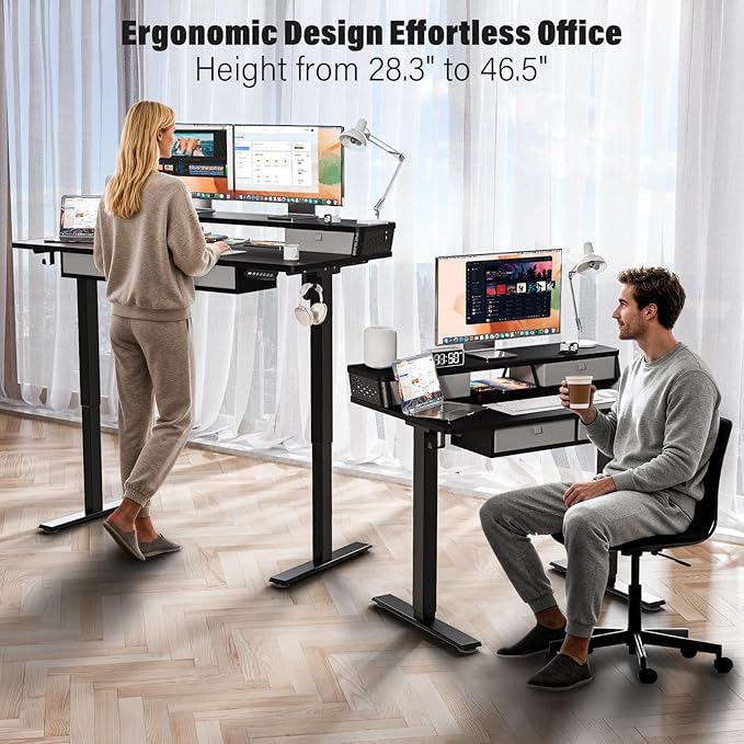 Electric Standing Desk with 4 Drawers 40''x 24'' Small Adjustable Height Sit to Stand Up Desk with Storage Shelf, C-Clamp Mount Compatible Black Home Office Desks Computer Desk Ergonomic Workstation