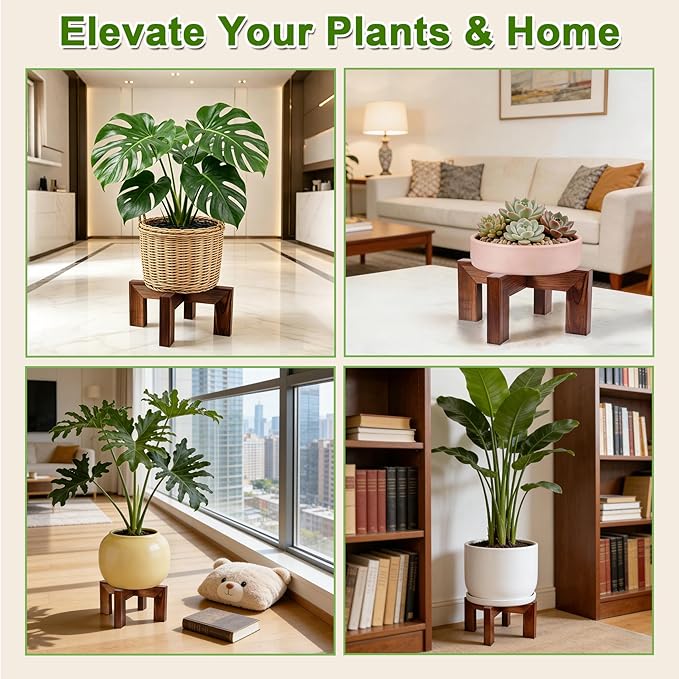 Wood Plant Stand Indoor Outdoor, Mid Century Modern Planter Holder, Sturdy Plant Pot Stand, Single Floor Flower Pot Holder (Walnut, Fit 5-10 Inch Pots)