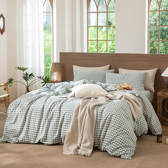 MooMee Gingham Duvet Cover Set 100% Washed Cotton Linen Like Textured Breathable Durable Soft Comfy Modern Checkered Design (Sage Green Gingham, Super Queen 90"x98")