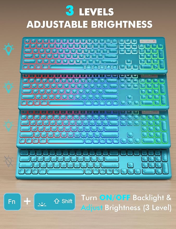 Wireless Keyboard and Mouse Combo, RGB Backlit, Rechargeable & Light Up Letters, Full-Size, Soft Typing, Sleep Mode, 2.4GHz Quiet Keyboard Set for Mac, Windows, Laptop, PC, Trueque (Metallic Blue)