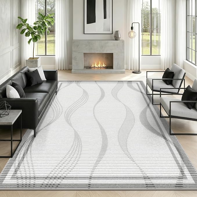 Merelax 6x9 Area Rugs for Living Room - Washable Non-Slip Large Bedroom Rug, Indoor Floor Carpet Low Pile Soft Farmhouse Rug for Dining Room, Mudroom, Modern Aesthetic Geometric Decor, Grey
