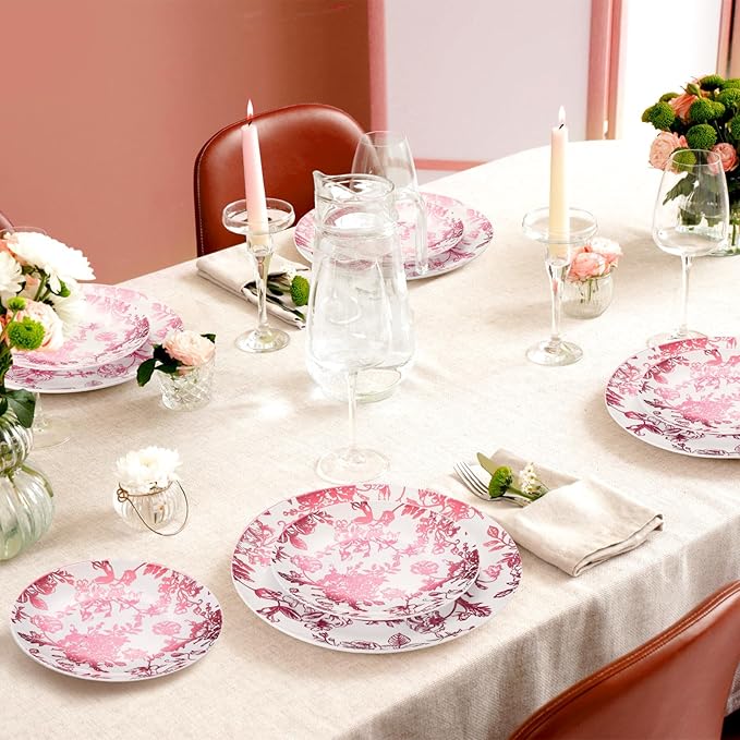 Suclain 60 Pcs Pink Plastic Floral Plates Disposable Heavy Duty White with Pink Floral 9" Dinner Plate and 7" Dessert Plate, Disposable Plastic Plates for Party Birthday Bridal Shower