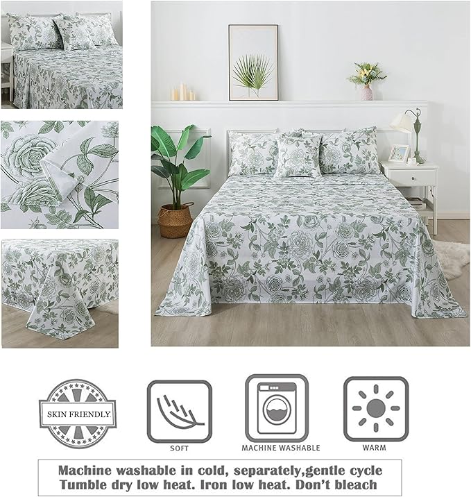 FADFAY Sheets Set Queen Vintage White and Green Floral Bedding Elegant Peony Sheets Set Shabby Rose Farmhouse Bedding 100% Egyptian Cotton 800 Thread Count Deep Pocket Fitted Sheet 4Pcs, Queen Size