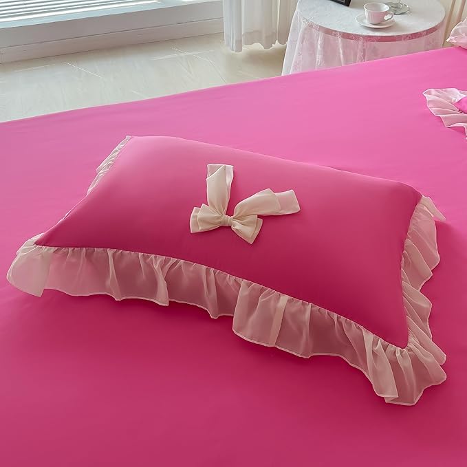 Girls Lace Bedding,Queen Comforter Cover Set, Chic Ruffled Duvet Cover with Lovely Bow,Princess Style 1 Duvet Cover with 1 Pillowcases, No Comforter-Hot Pink,Twin Size