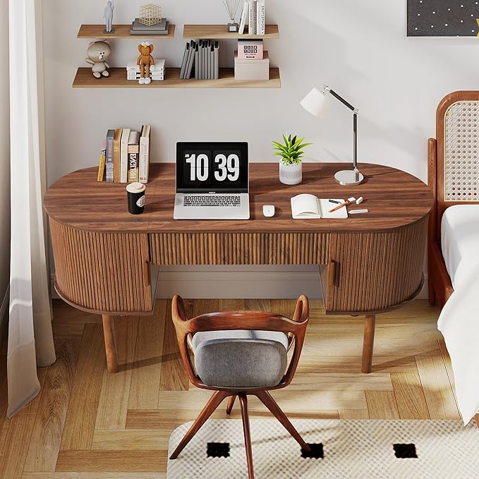 ORRD Home Office Oval Desk with Sliding Tambour Door and Drawer, Modern Fluted Wood Executive Computer Storage Desk for Study, Living Room, Bedroom, Office - Walnut