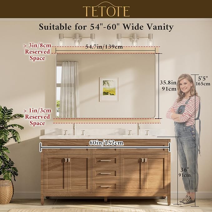 TETOTE 55 x 36 Inch Bathroom Mirror, Brushed Brass Gold Vanity Mirror, Modern Rectangle Metal Frame Decorative Wall Mirror for Entryway Shatterproof (Horizontal/Vertical)