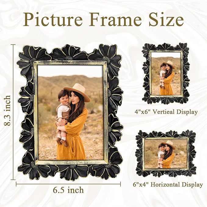 4x6 Vintage Flower Picture Frame, Ornate Antique Photo Frame with Glass Front, Elegant Picture Frame for for Wall or Tabletop Display, Gift ldeas for Home Decor (Black Gold)