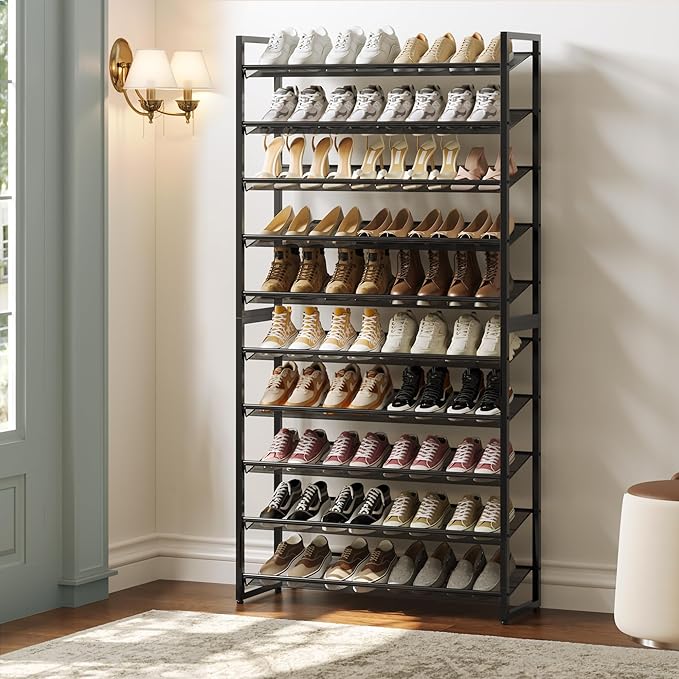 Nunsino Shoe Rack,10 Tier Metal Shoe Organizer,Max Holds 50 Pairs,Heavy Duty Shoes Shelf for Garage, Entryway, Closet,Black