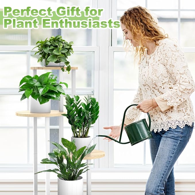 5 Tier Wood Tall Plant Stand Metal Rack Indoor, Multiple Flower Pot Holder Shelves Corner Rack, Round Planter Shelf Display Rack Storage Organizer for Patio Living Room Balcony(White+Oak)