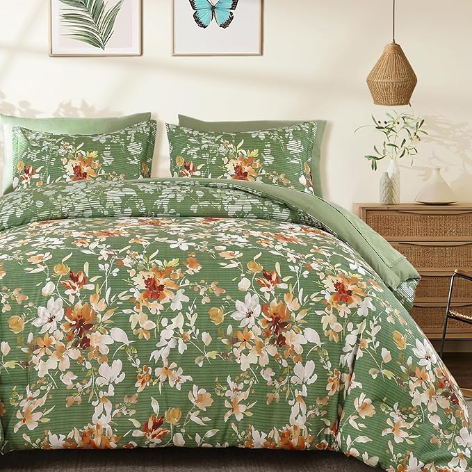 Dobuyly King Size Comforter Set, 7 Pieces Green Floral Comforter Set, Bed in a Bag King with Botanical Flowers Pattern, All Season Farmhouse Bedding Set with Sheets, Pillowcases & Shams