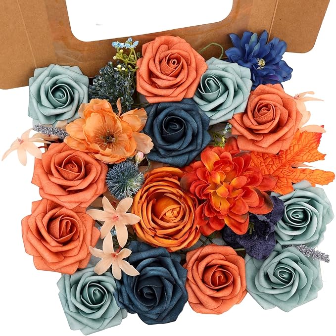 SwanMoon Artificial Flowers Combo Box Set, Halloween 26pcs Orange Silk Roses & Daisy with Stems for DIY Wedding Bouquets, Autumn Party Centerpieces & Home Decor