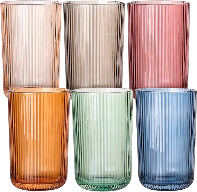 Colored Ribbed Highball Glasses Set of 6, 13.2oz Vintage Colored Glassware, Drinking Glasses for Water, Juice, Iced Coffee, Cocktails, Multicolor Glass Cups, Housewarming Christmas Gift
