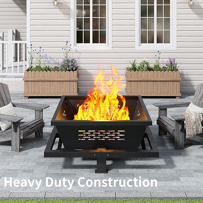 Auhilence 42" Large Fire Pit, Square Outdoor Fire Pit with Poker, Wood Burning FirePit for Camping, Backyard, Patio